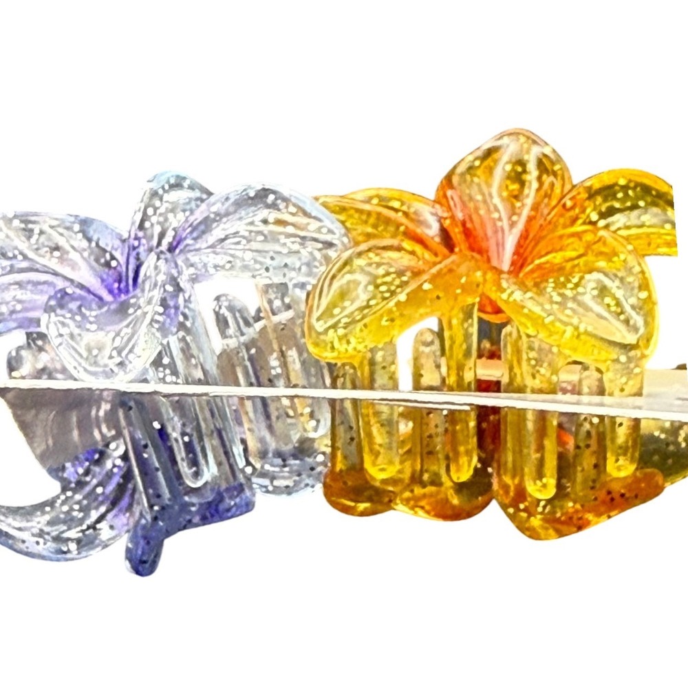 2pc‎ Flower Hair Claw Clips Glitter Yellow Purple Plumeria Tropical Accessories - Picture 3 of 4